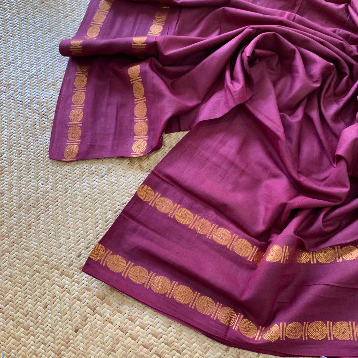 Burgundy Saree With Kalamkari Blouse , Zari Rudraksham Rettai Pettu Border , Clamp dyed (Kattu sayam).