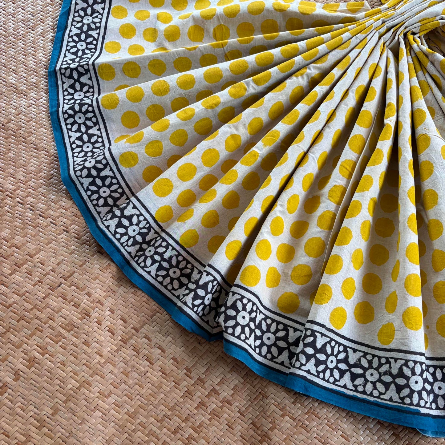 Mul Mul Cotton saree, Hand Block Printed, Yellow