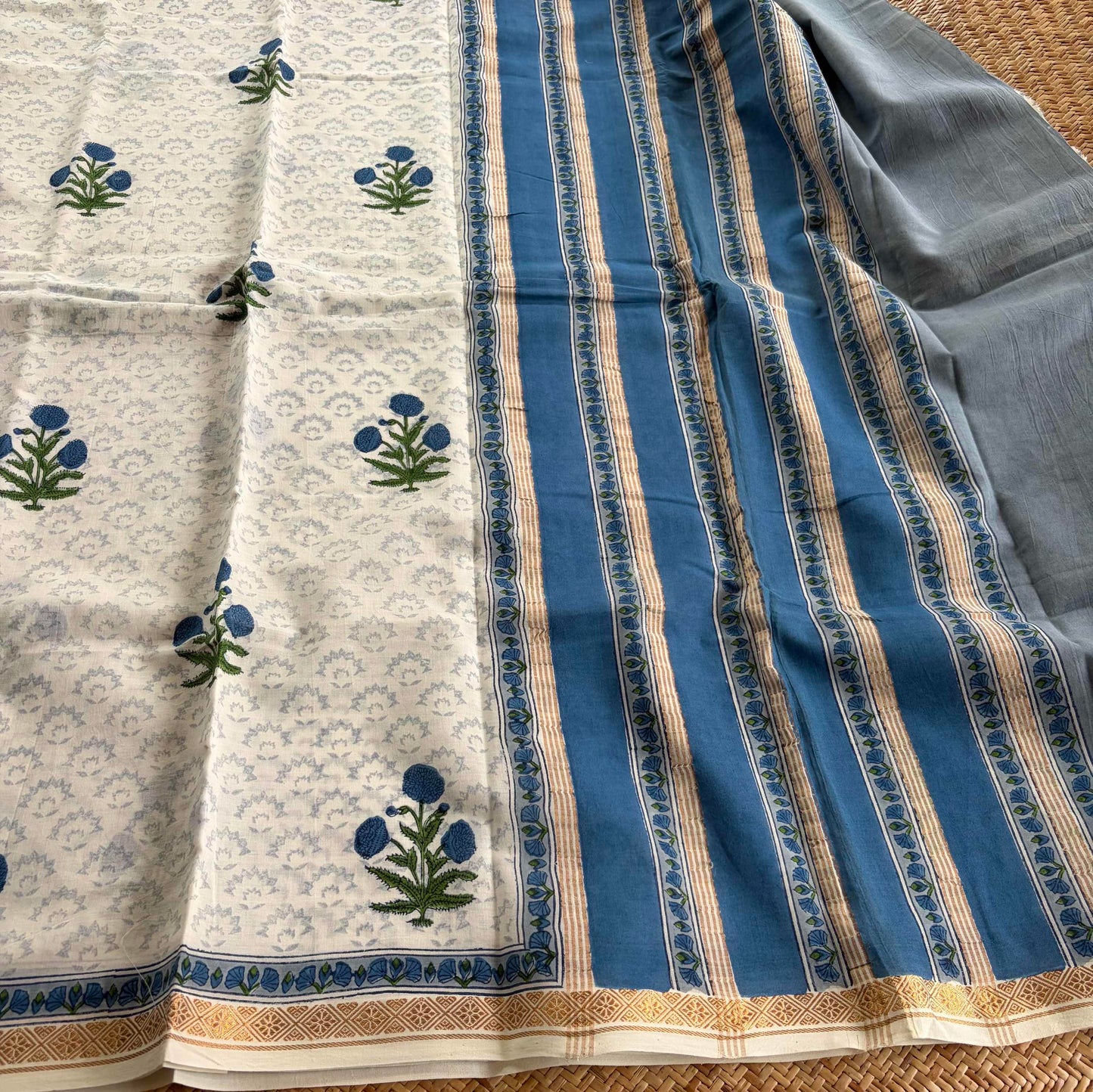White, Jaipur Hand Block Printed On Madurai Cotton Saree With Zari