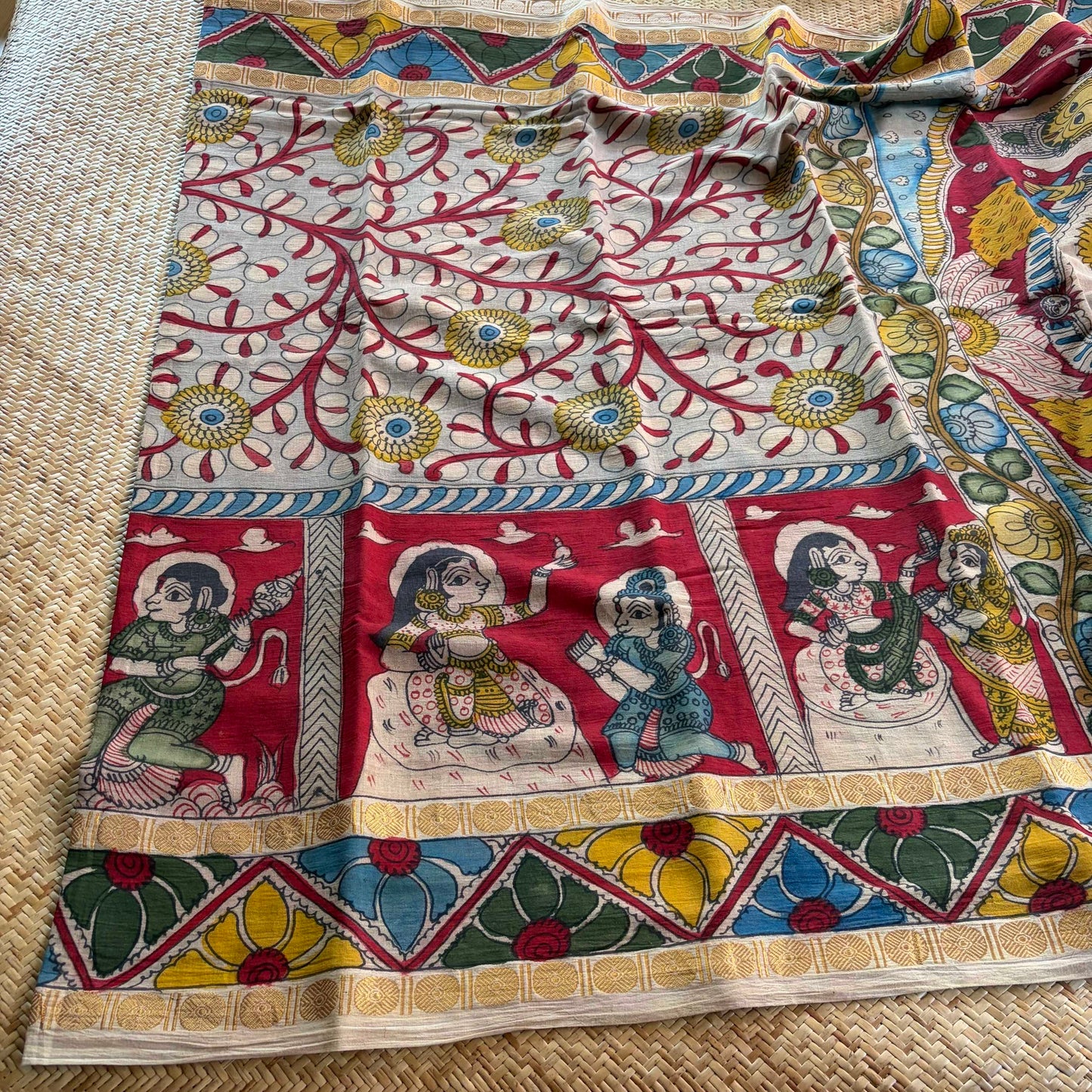 Ramayana Kalamkari Hand Painted on Cotton Sungudi Saree With Blouse