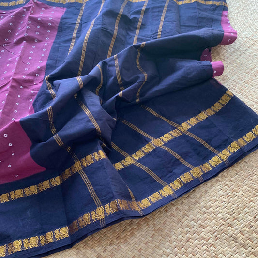 Dark Mauve Saree With Navy Border, Hand knotted Sungudi On a Rudraksham Border Cotton saree, Kaikattu Sungadi