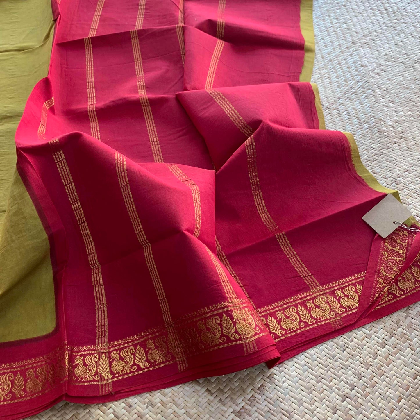 Olive Green Saree With Red Half Fine Zari Border, Clamp dyed (Kattu sayam).