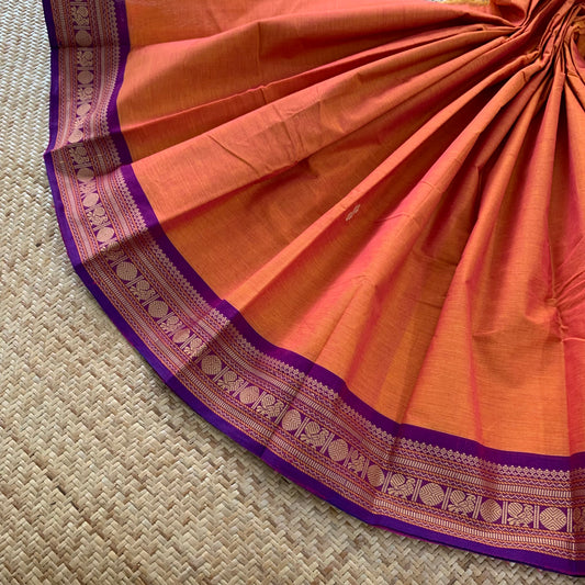 Orange with purple Thread Border, Chettinadu Cotton Saree