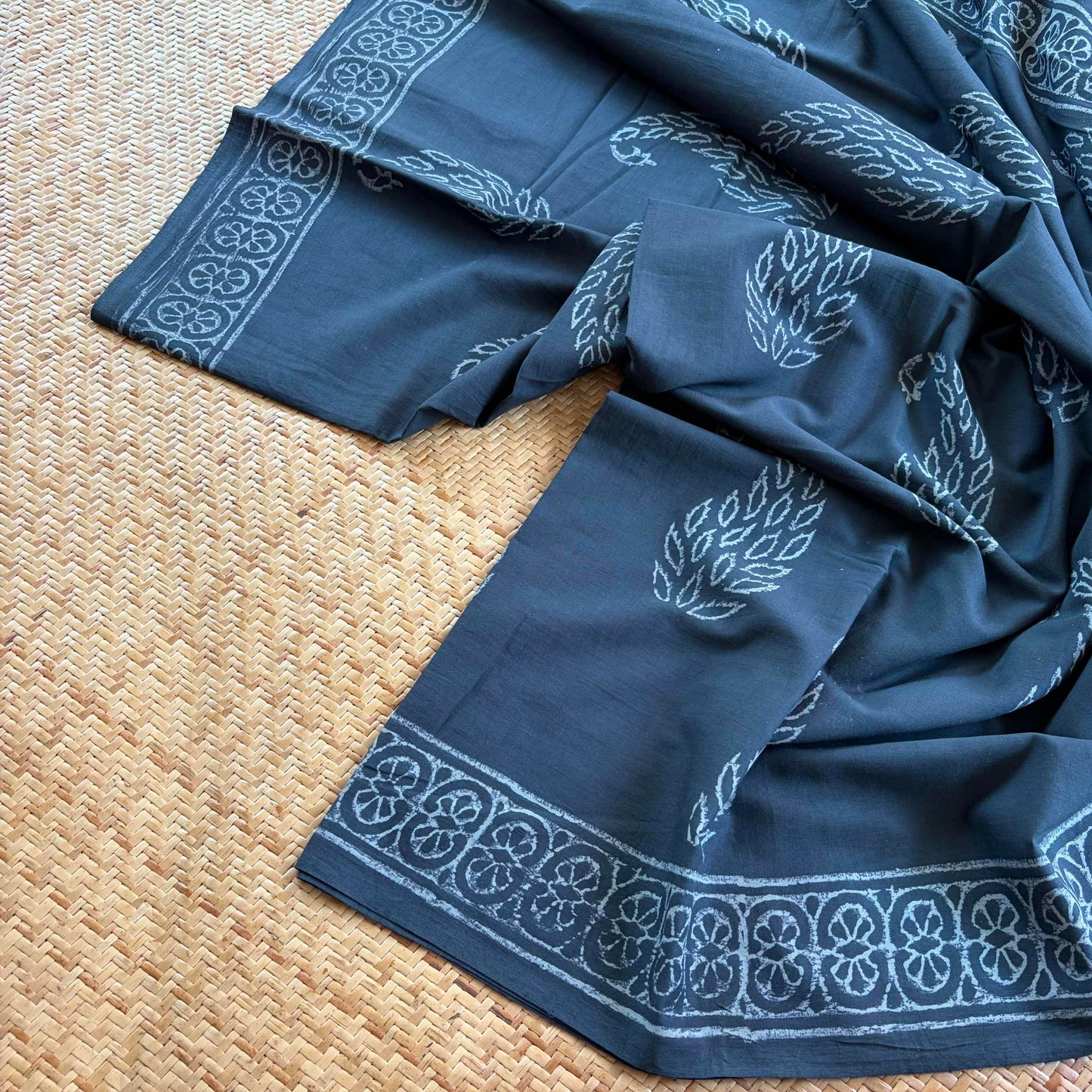 Mul Mul Cotton saree, Hand Block Printed, Grey