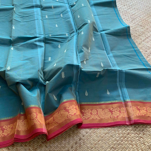 Double Tone Blue Saree with  Thread Border, Chettinadu Cotton Saree