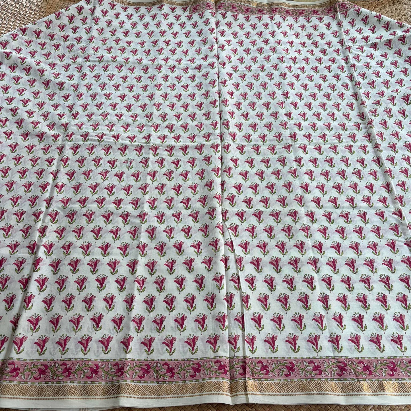 White, Jaipur Hand Block Printed On Madurai Cotton Saree With Zari