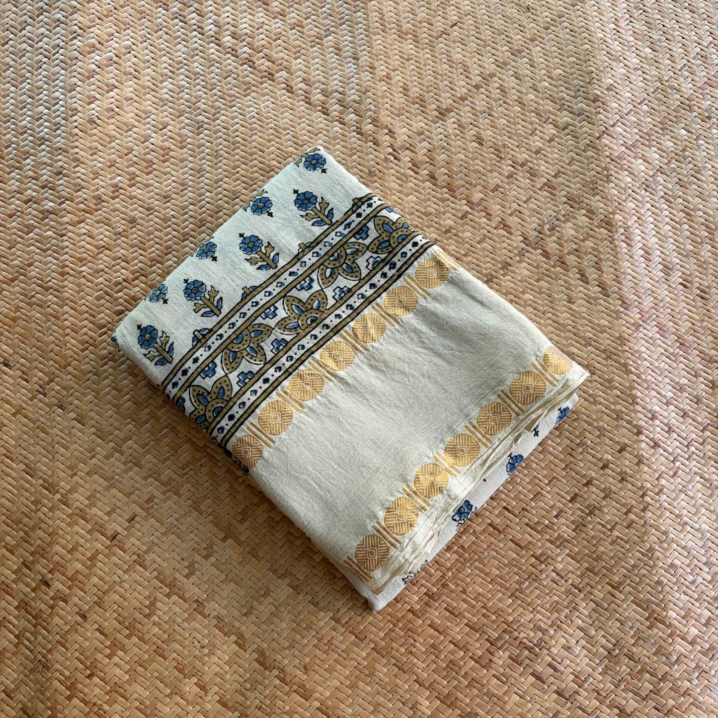 Off White, Ajrak Hand Block Printed On Madurai Cotton Saree With Zari