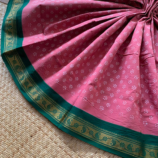 Pink With Gren Wax Print, Half Fine Zari Premium Sungudi Cotton Sarees