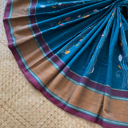Arupukottai Hand woven Saree with multi colour thread Kantha embroidery