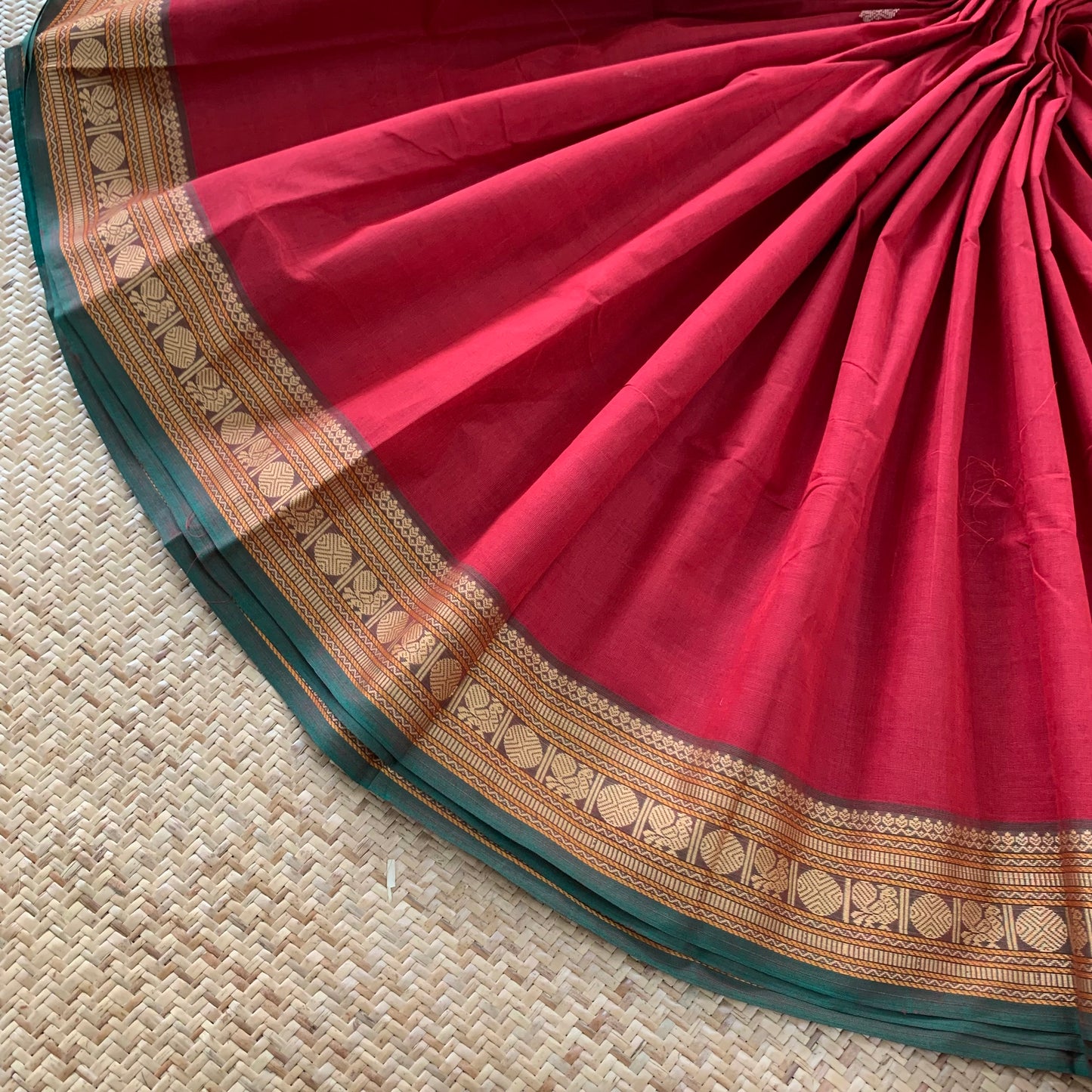 Red with Green Thread Border, Chettinadu Cotton Saree