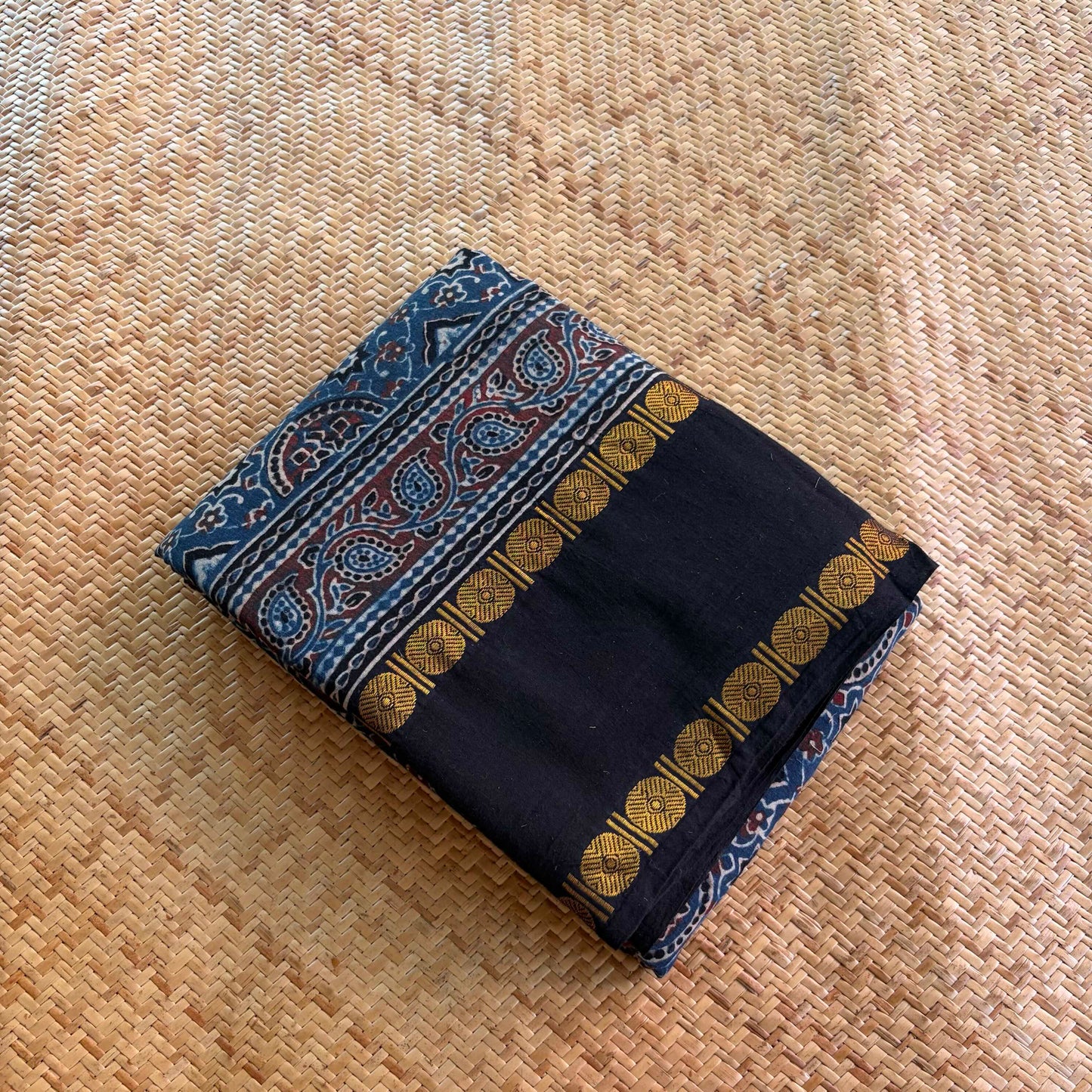 Indigo, Ajrak Hand Block Printed On Madurai Cotton Saree With Zari
