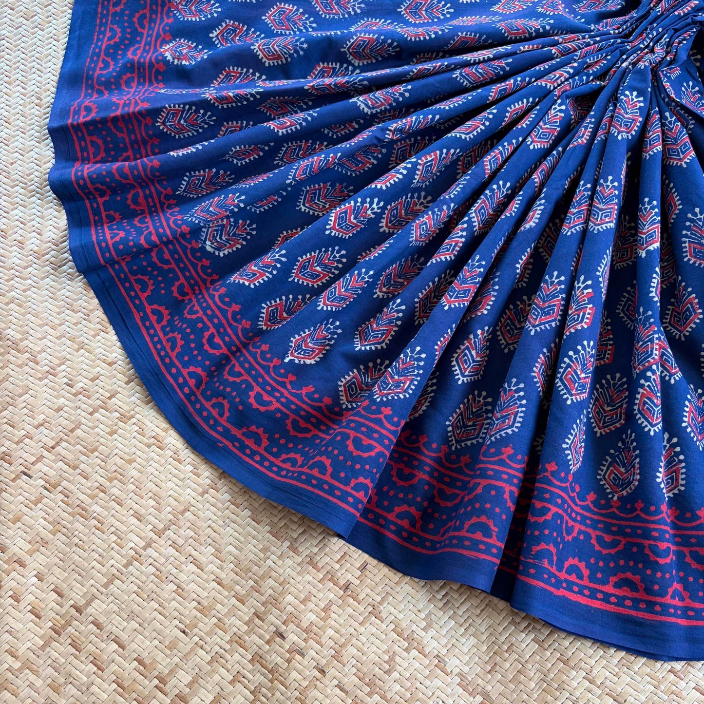 Mul Mul Cotton saree, Hand Block Printed, Blue