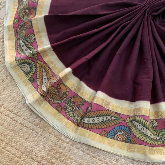 Brown - Kalamkari Hand Painted on a Madurai Sungudi Cotton saree.