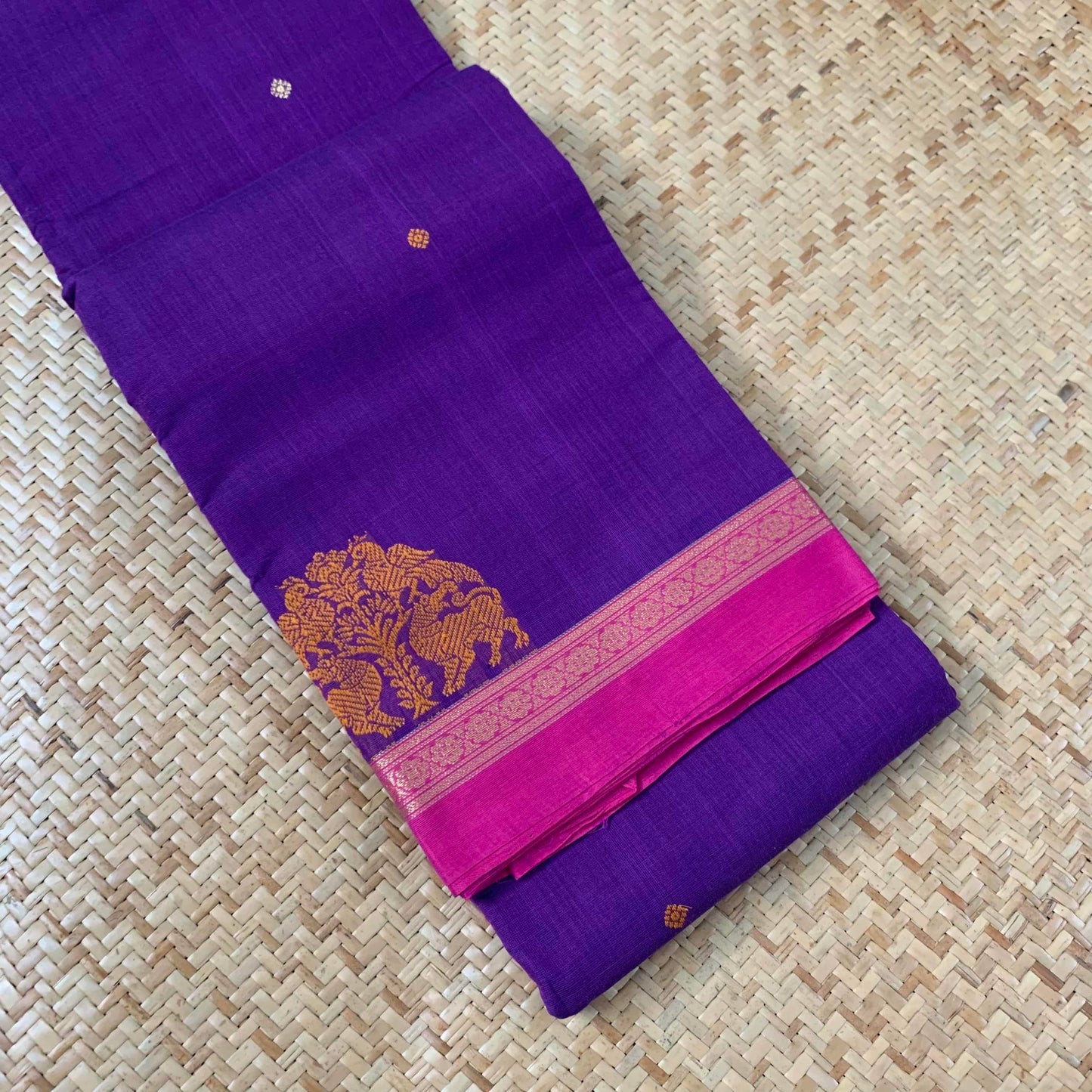 Kanchipuram Cotton Saree, Handwoven Purple Double Tone Saree with Pink Border and Grand Pallu