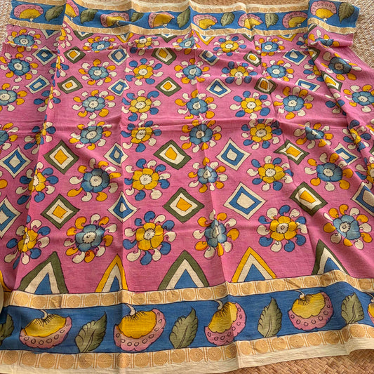 Pink Floral, Kalamkari Hand Painted on a Madurai Sungudi Cotton 1.20 METER FABRIC