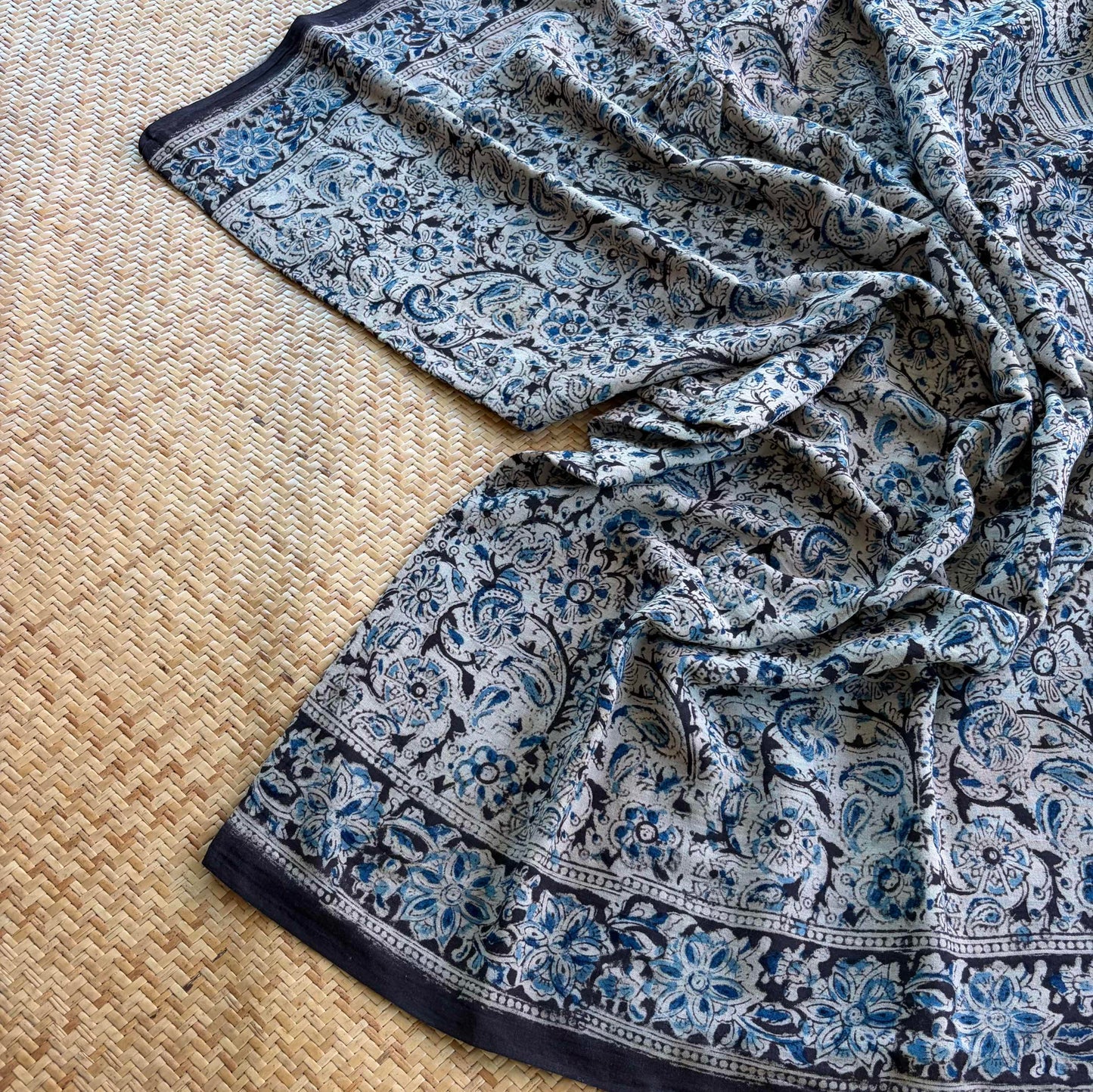 Black, Kalamkari Hand Block Printed Natural dye, Mul cotton saree