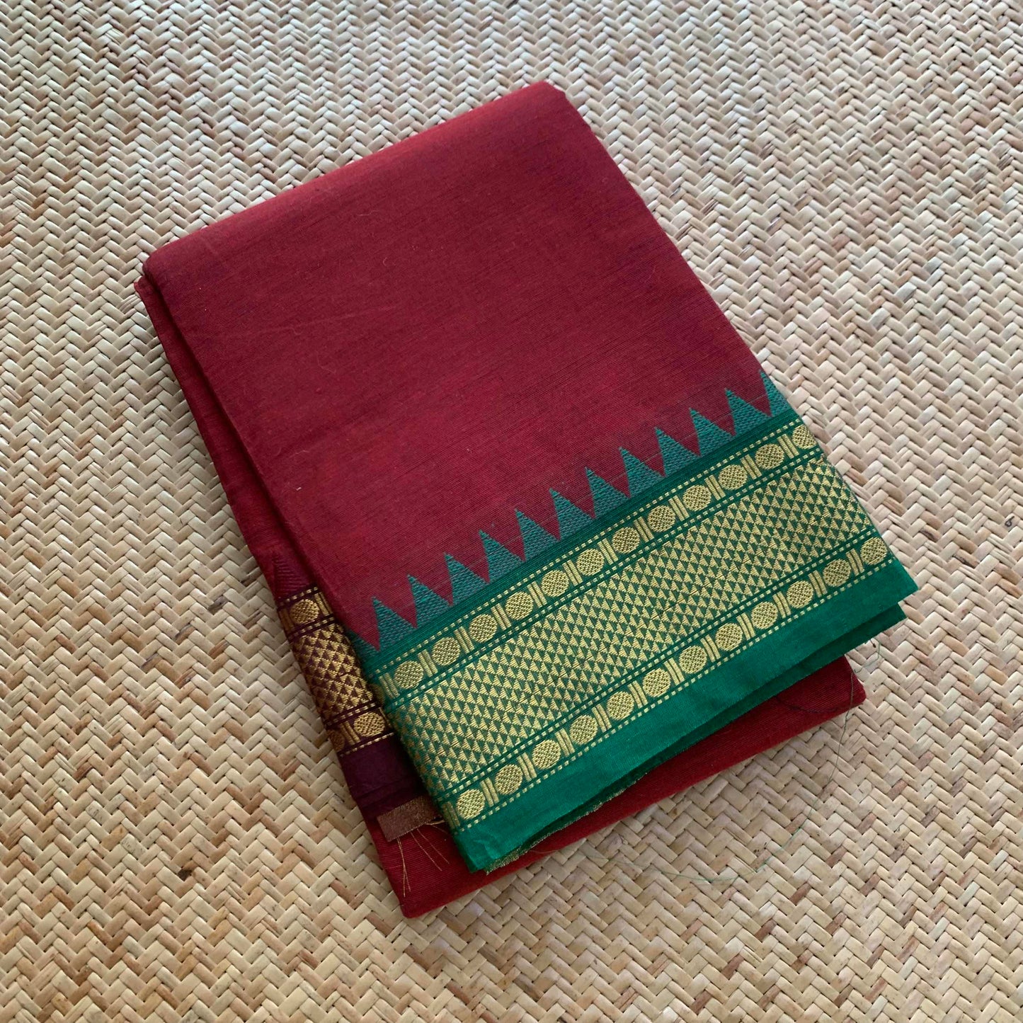 Maroon Saree Green Ganga Jamuna Border, Chettinad cotton saree