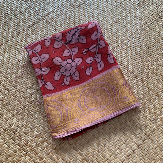 Maroon Floral, Kalamkari Hand Painted on a Madurai Sungudi Cotton CUT FABRIC