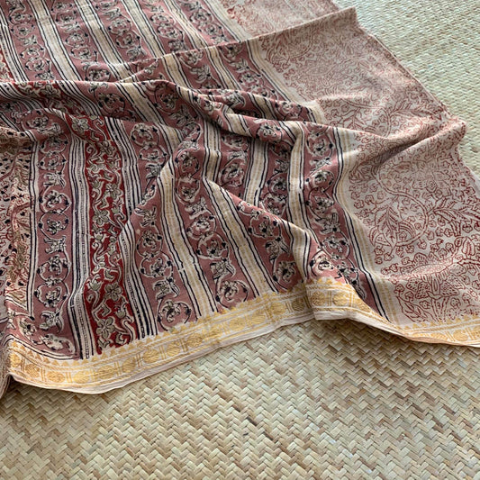 Beige, Kalamkari Hand Block Printed On Madurai Cotton Saree With Zari