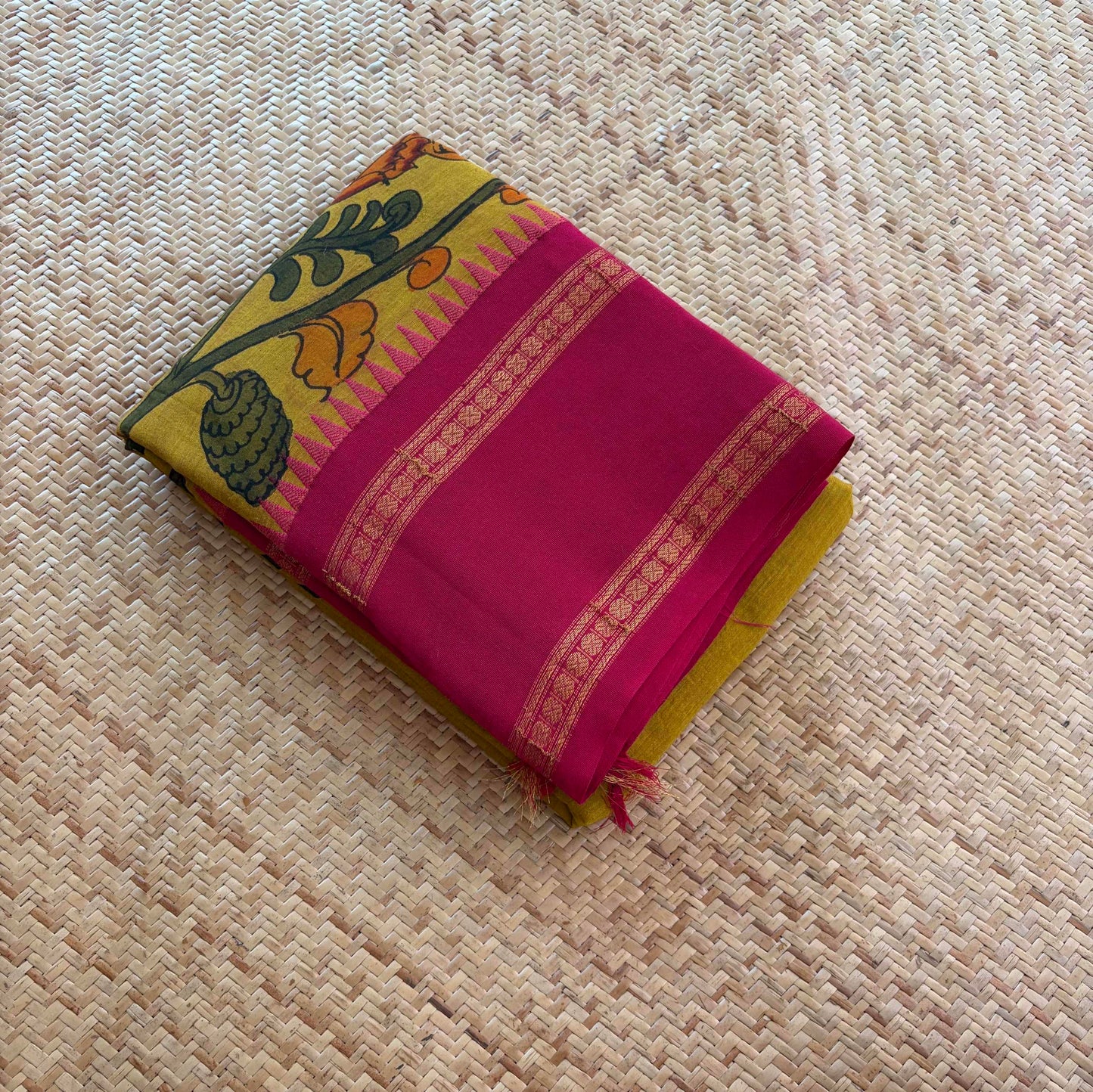 Olive Green Kalamkari Hand Painted on Chettinad Cotton saree