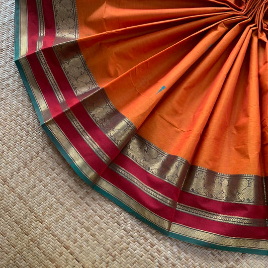 Chettinad Cotton Saree, Orange Saree with Red Border