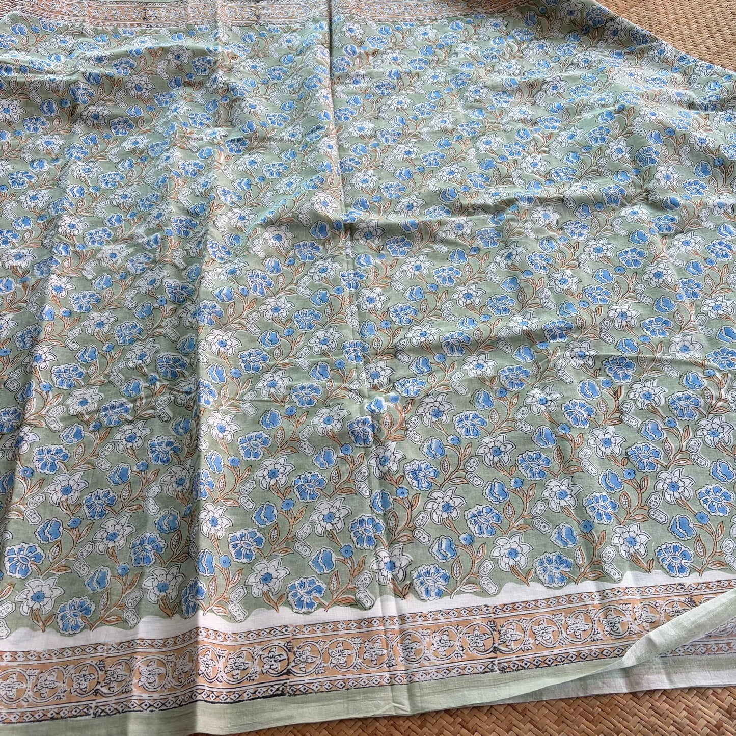 Mul Mul Cotton saree, Hand Block Printed, Pastel Green