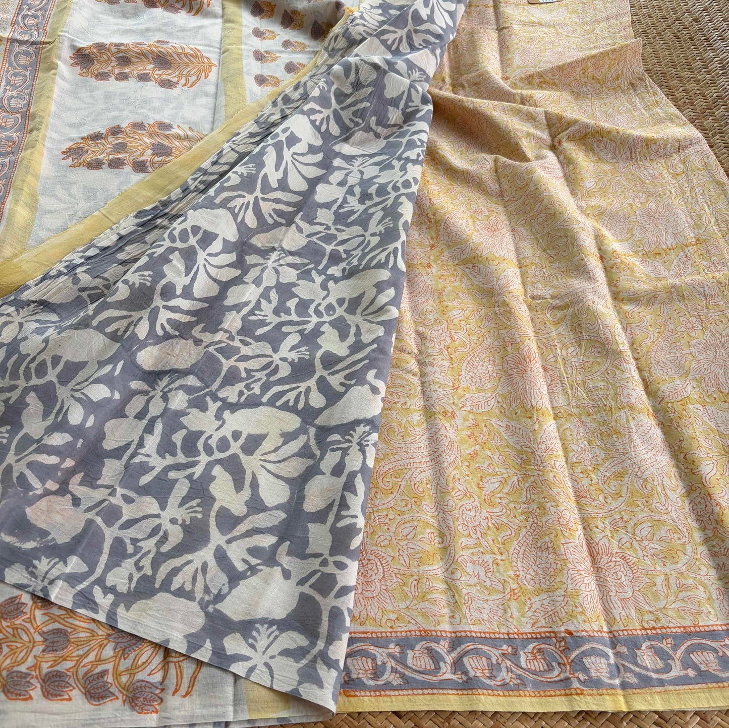 Mul Mul Cotton saree, Hand Block Printed, Butter Yellow