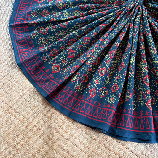 Mul Mul Cotton saree, Hand Block Printed, Green
