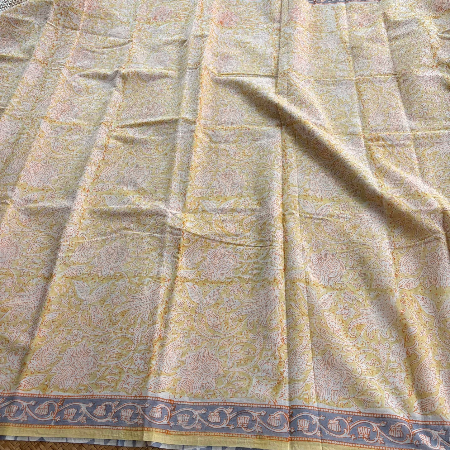 Mul Mul Cotton saree, Hand Block Printed, Butter Yellow