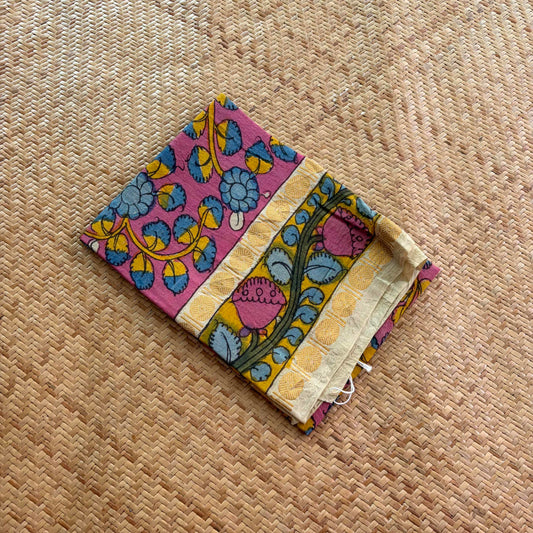 Pink Floral, Kalamkari Hand Painted on a Madurai Sungudi Cotton 1.20 METER FABRIC