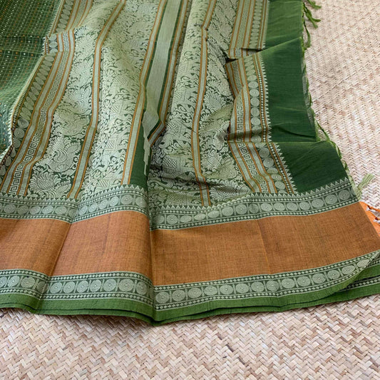 Kanchipuram Cotton Saree, Handwoven Green Saree with Mustard Border and Grand Pallu