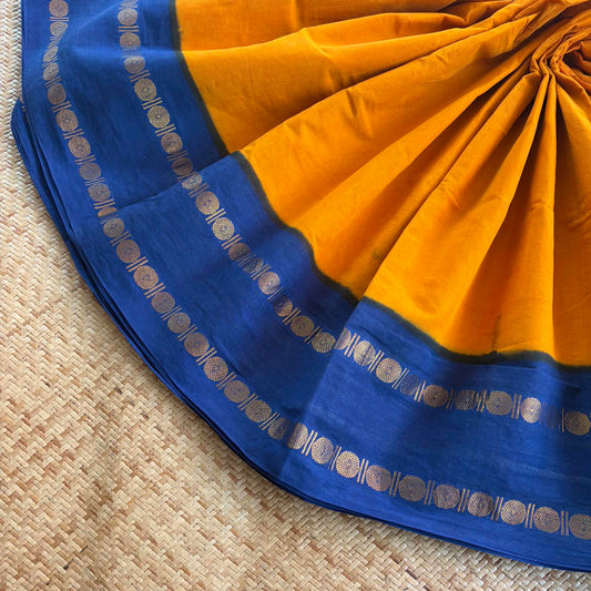 Yellow Saree With Running Blouse , Zari Rudraksham Rettai Pettu Border , Clamp dyed (Kattu sayam)