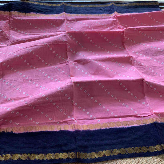 Pink Saree With Black Border, Hand knotted Sungudi On a Rudraksham Border Cotton saree, Kaikattu Sungadi