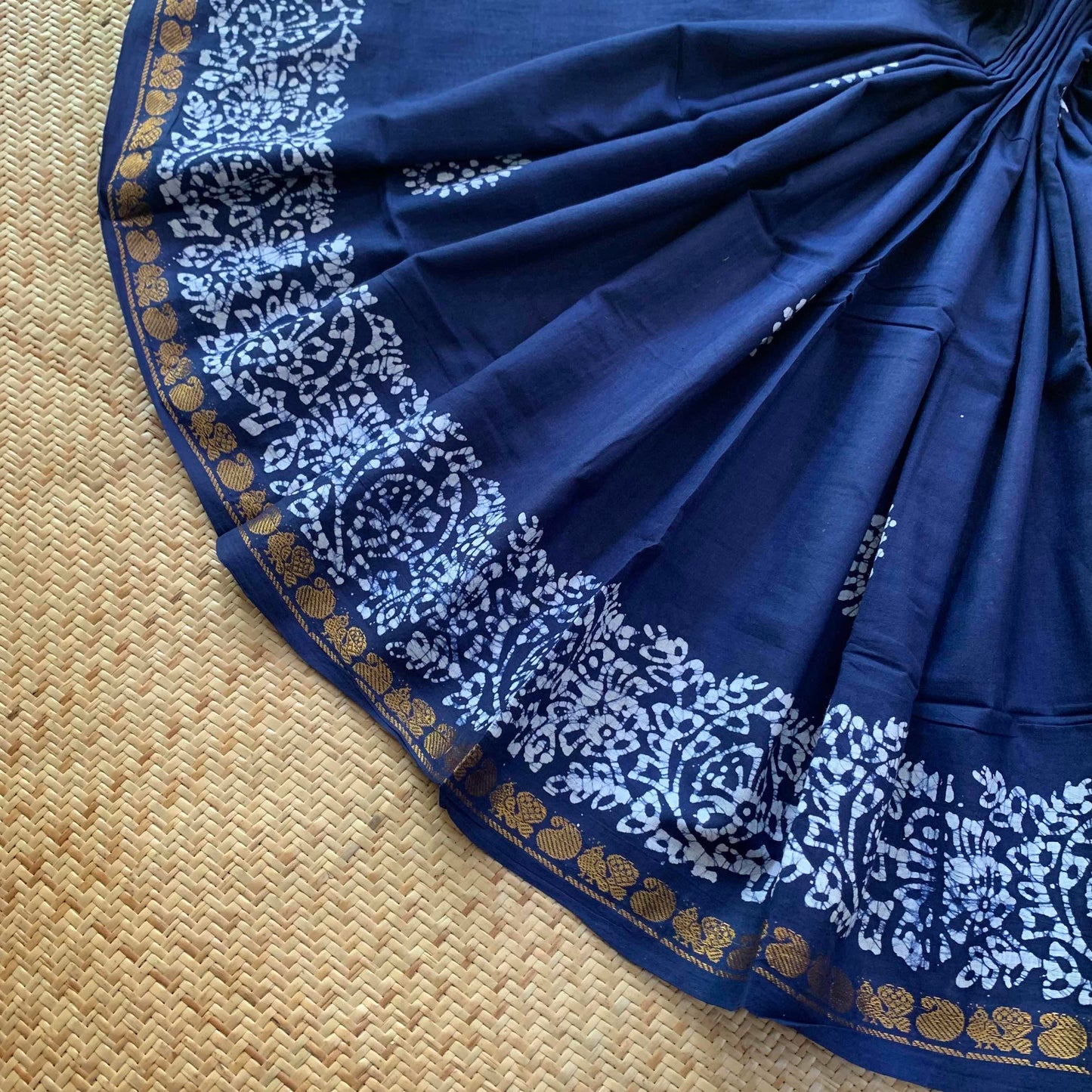 Navy Hand Crafted wax print Sungudi Mul Mul Cotton Saree