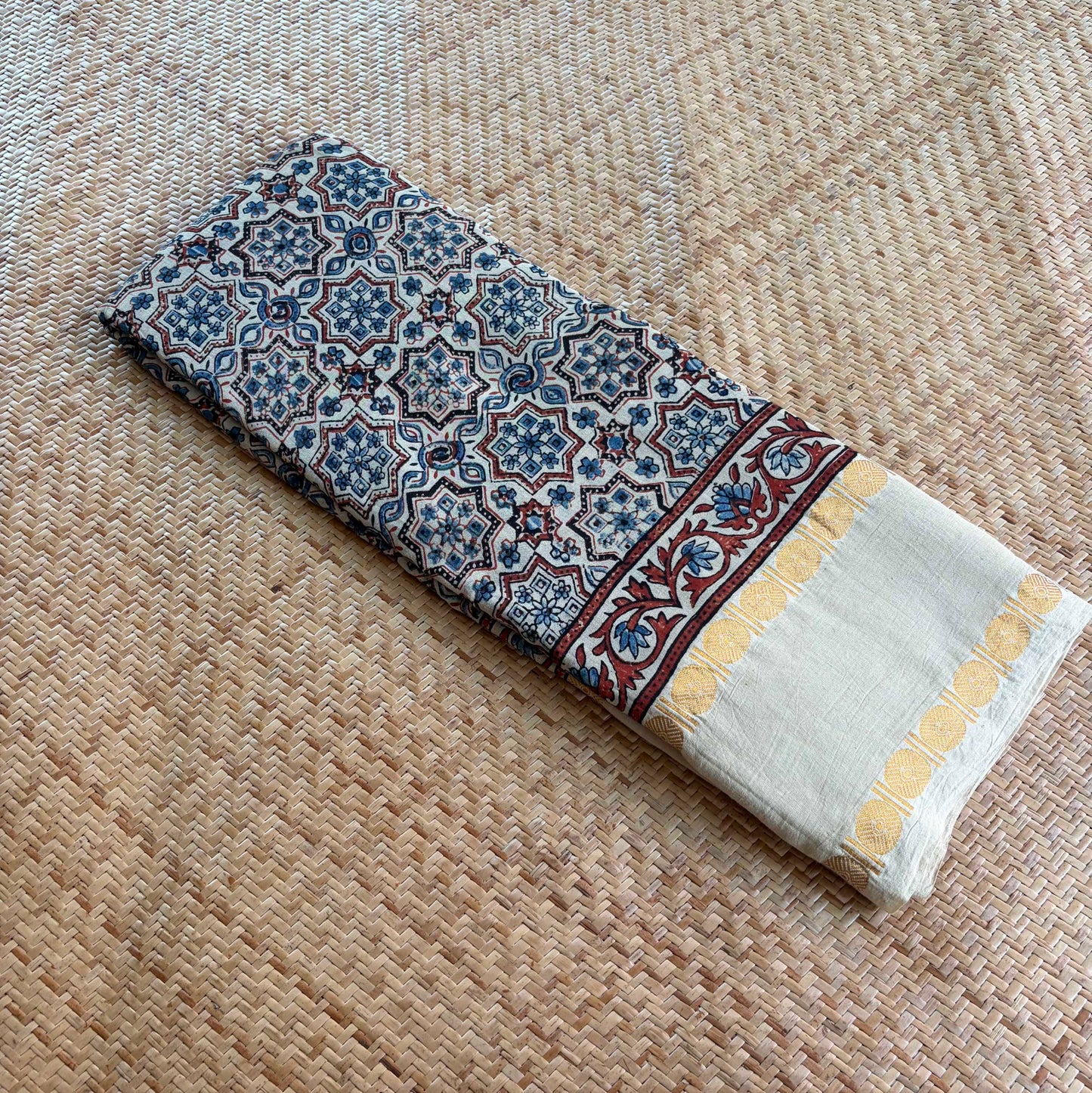 Star Offwhite , Ajrak Hand Block Printed On Madurai Cotton Saree With Zari