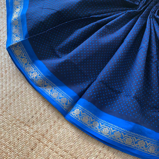 Navy With Blue Wax Print, Half Fine Zari Premium Sungudi Cotton Sarees