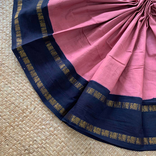 Dusty Pink Saree With Navy Border, Zari Annam Rettai Pettu Border , Clamp dyed (Kattu sayam).