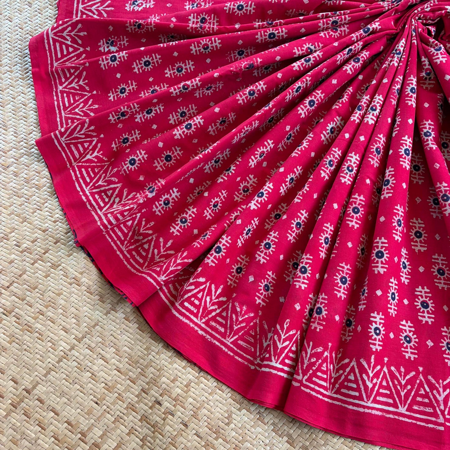 Mul Mul Cotton saree, Hand Block Printed, Red