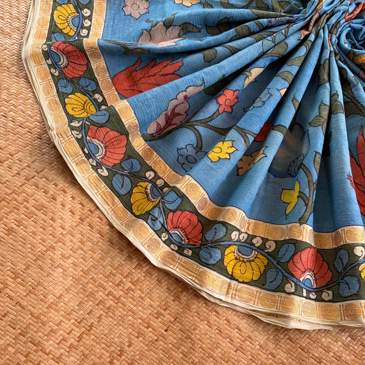 Blue, Kalamkari Hand Painted on Cotton Sungudi Saree With Blouse