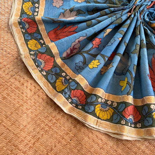 Blue, Kalamkari Hand Painted on Cotton Sungudi Saree With Blouse