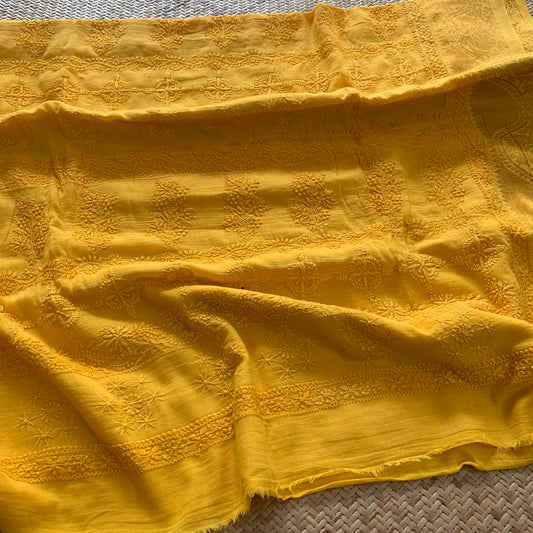 Yellow Chickankari Hand Embroidery on a Sungudi Cotton Saree