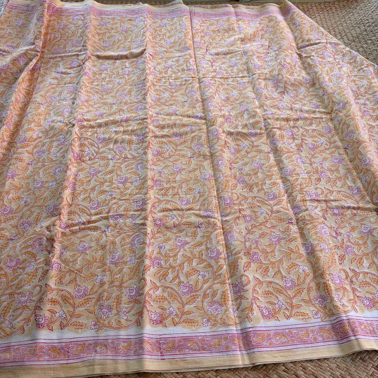 Mul Mul Cotton saree, Hand Block Printed, Butter Yellow