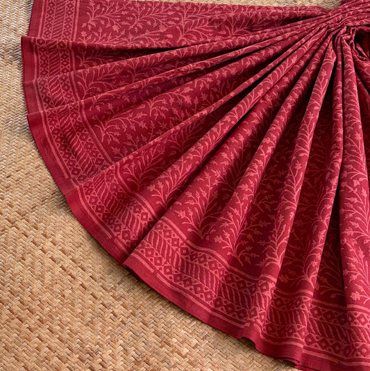 Mul Mul Cotton saree, Hand Block Printed, Maroon