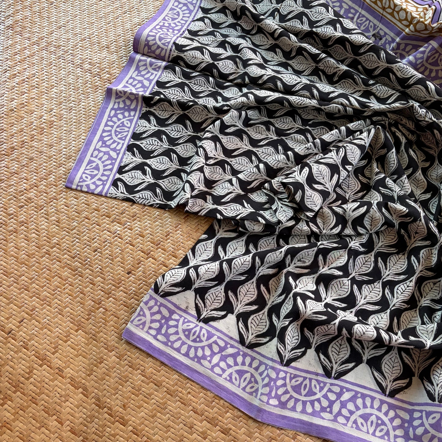 Mul Mul Cotton saree, Hand Block Printed, Black