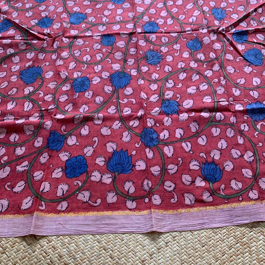Red Floral, Kalamkari Hand Painted on a Madurai Sungudi Cotton CUT FABRIC