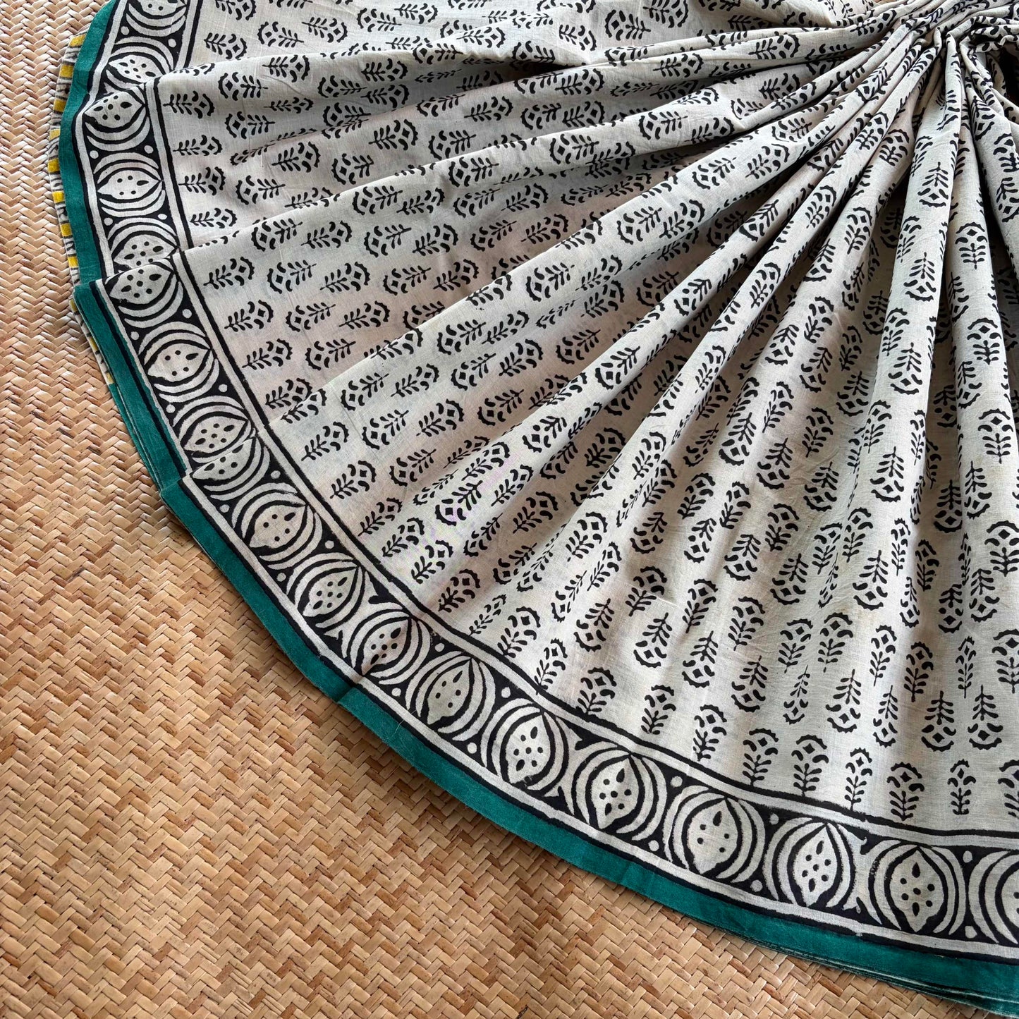 Mul Mul Cotton saree, Hand Block Printed, Beige