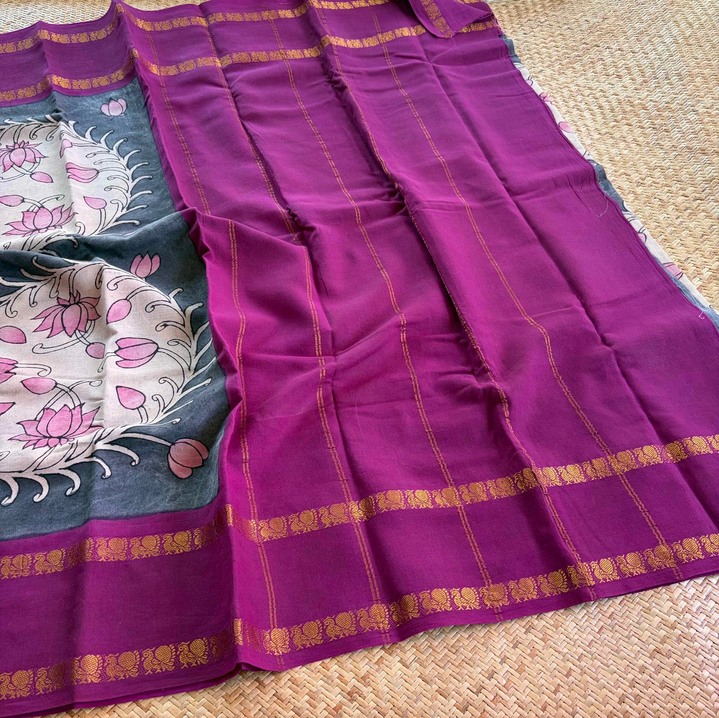 Fish, Kalamkari Hand Painted on a Madurai Sungudi Cotton saree.