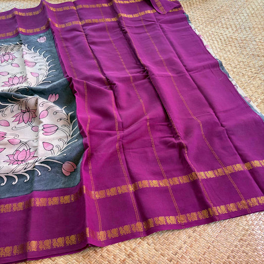 Fish, Kalamkari Hand Painted on a Madurai Sungudi Cotton saree.