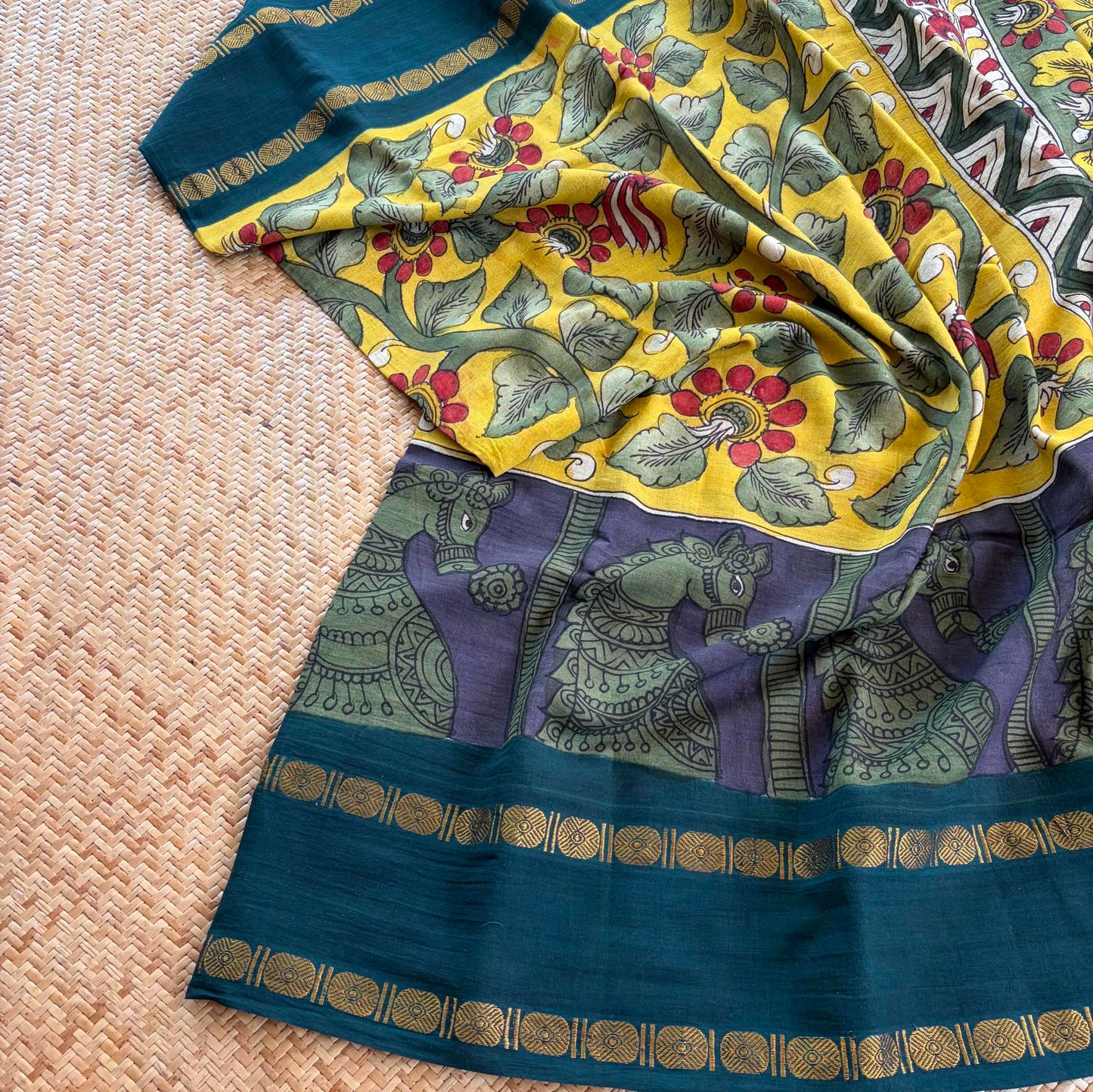 Horse, Kalamkari Hand Painted on a Madurai Sungudi Cotton saree.