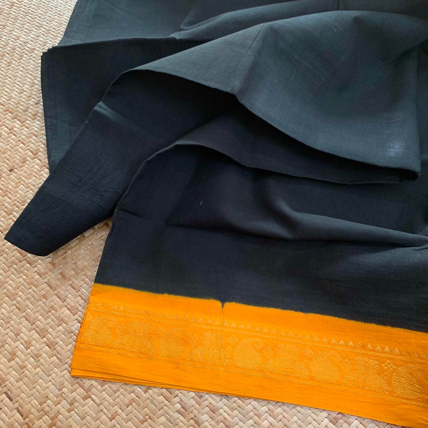 Black Saree With Yellow Half Fine Zari Border, Clamp dyed (Kattu sayam).